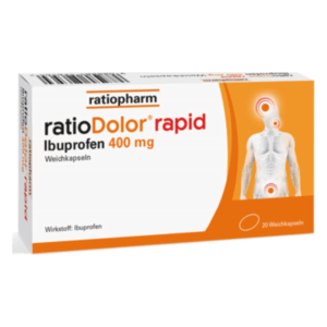 Packung ratioDolor® rapid mit Ibuprofen 400 mg, zeigt menschliche Silhouette mit Schmerzpunkten.