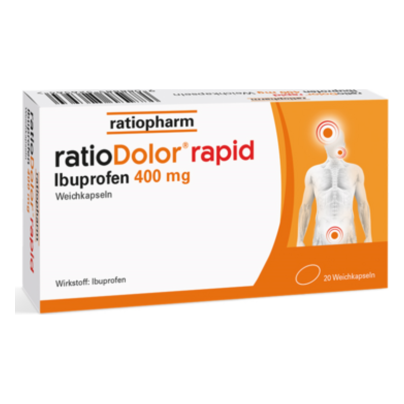 Packung ratioDolor® rapid mit Ibuprofen 400 mg, zeigt menschliche Silhouette mit Schmerzpunkten.