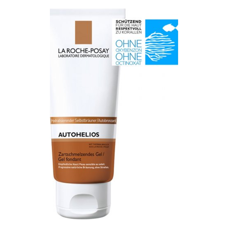 Tubengriff mit selbstbräunendem Gel von La Roche-Posay, beschriftet mit Hautpflegehinweisen und Korallenfreundlichkeits-Siegel.