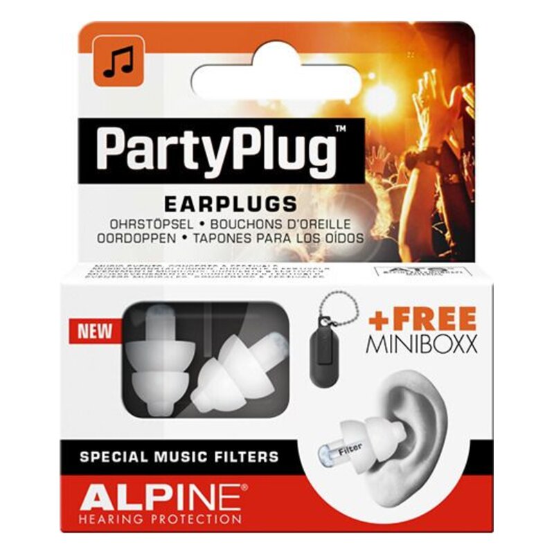 Verpackung von PartyPlug Ohrstöpseln mit speziellen Musikfiltern, inklusive einer Minibox für die Aufbewahrung.