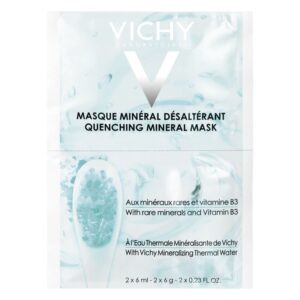 Verpackung einer mineralhaltigen Gesichtsmaske von Vichy mit blauer und weißer Gestaltung und Hinweisen auf Inhaltsstoffe.