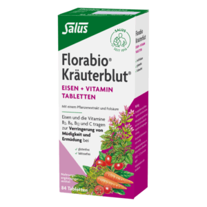 Verpackung von Florabio Kräuterblut, Eisen und Vitamin Tabletten mit pflanzlichem Extrakt und Folsäure.