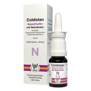 Coldistan Nasentropfen in einer braunen Flasche mit Sprühaufsatz, verpackt in einer weißen Box mit lila Schrift.