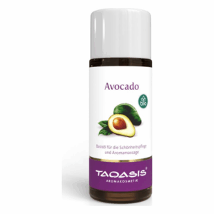 Flasche mit Avocado-Öl für Schönheits- und Aromamassagen, mit Bio-Siegel und grünem Avocado-Motiv.