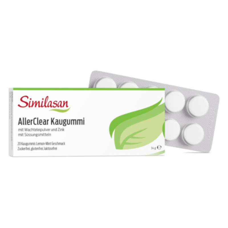 Verpackung von Similasan AllerClear Kaugummi, weiße Produkte in Blister und einem grünen Blattdesign.