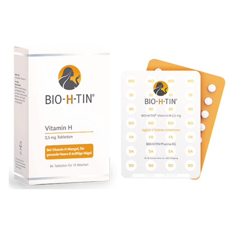 Packung und Blister mit BIO-H-TIN Vitamin H Tabletten für gesunde Haare und Nägel.