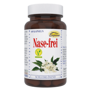 Braune Kapselverpackung mit rotem Aufdruck "Nase-frei", vegan, schmerzlösend, mit pflanzlichen Zutaten.