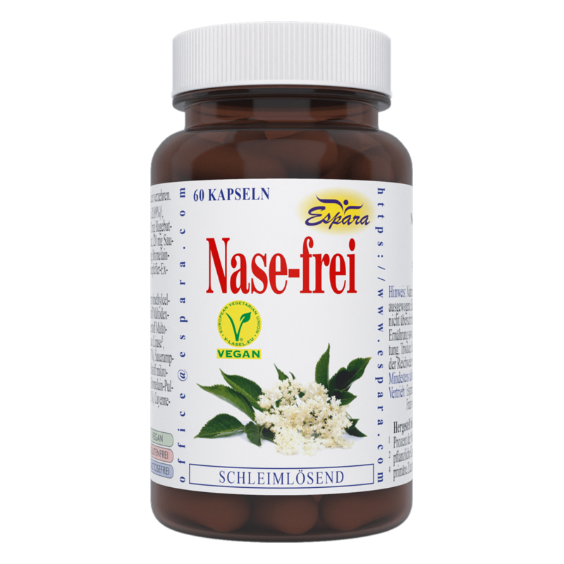 Braune Kapselverpackung mit rotem Aufdruck "Nase-frei", vegan, schmerzlösend, mit pflanzlichen Zutaten.