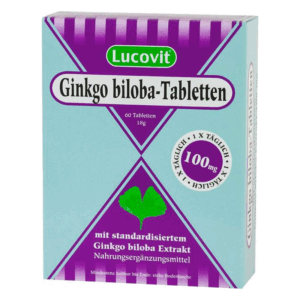 Packung mit Ginkgo biloba-Tabletten von Lucovit, enthält 60 Tabletten à 100 mg, umgeben von einem hellblauen Design.