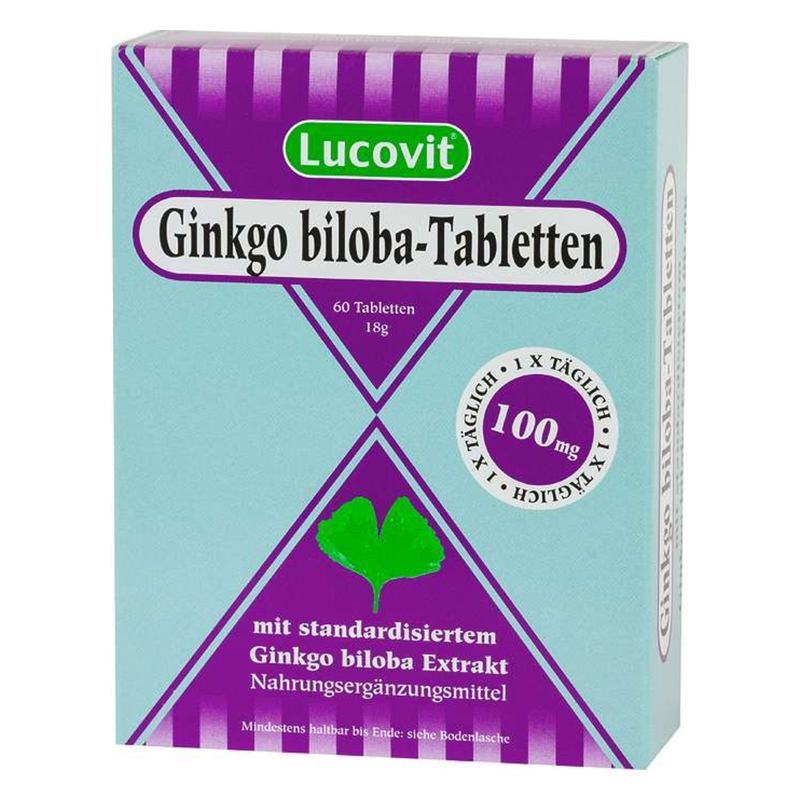 Packung mit Ginkgo biloba-Tabletten von Lucovit, enthält 60 Tabletten à 100 mg, umgeben von einem hellblauen Design.
