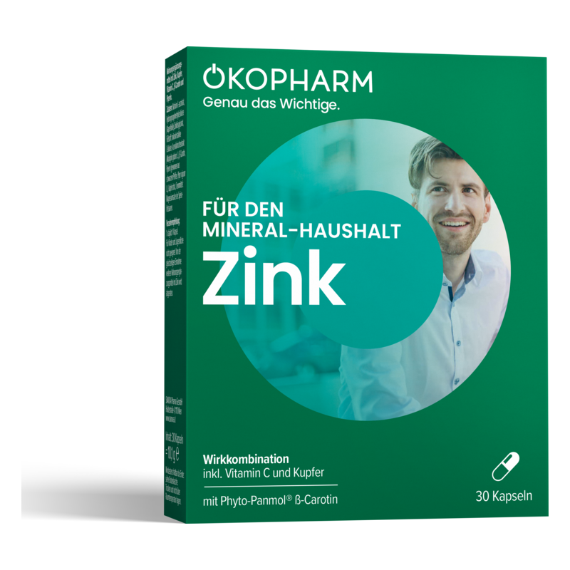 Packung mit Zink-Kapseln für den Mineralhaushalt, inklusive Vitamin C und Kupfer, enthalten 30 Kapseln.
