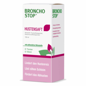 Verpackung des Broncho Stop Hustensaft mit pflanzlichen Wirkstoffen wie Thymian und Eibisch, 150 ml.