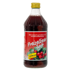 Eine Flasche Preiselbeersaft mit rotem Etikett, enthält 100% Fruchtsaft aus Cranberry- und Preiselbeerkonzentrat.