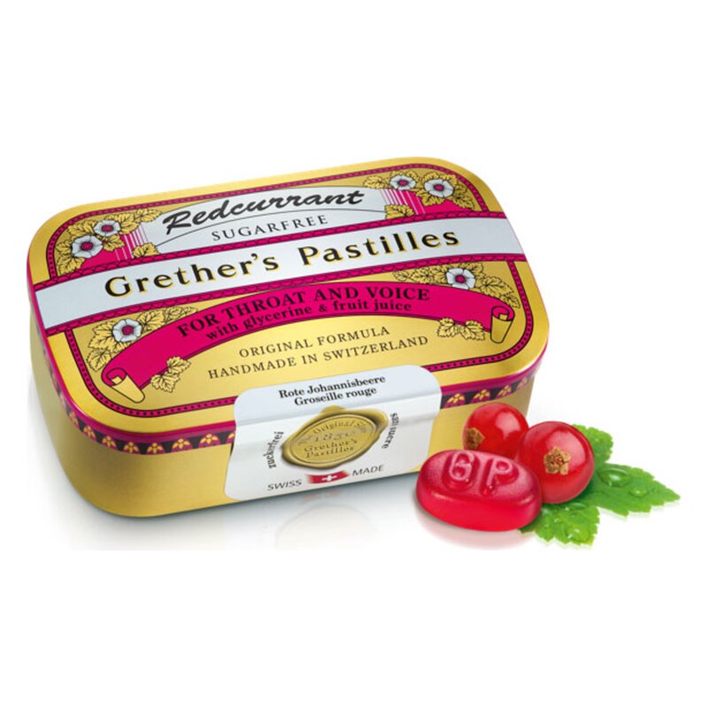 Bunte Dose mit Grether's Pastillen in roter Johannisbeere, ohne Zucker, für Hals und Stimme, aus der Schweiz.