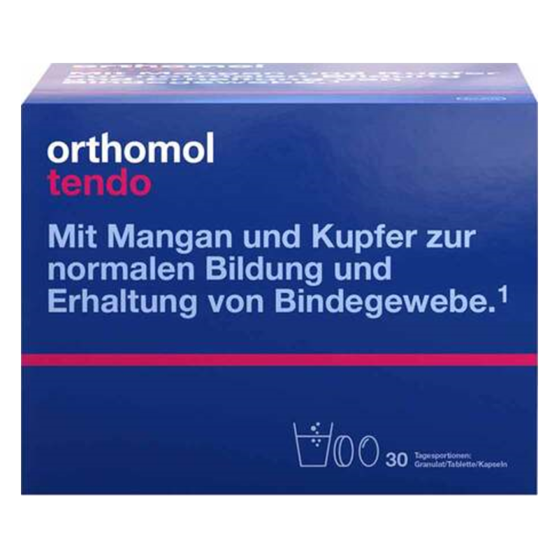 Verpackung von orthomol tendo, blau mit rotem Akzent, Hinweis auf Mangan und Kupfer für Bindgewebe.