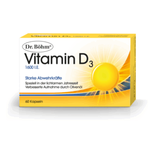 Verpackung von Dr. Böhm Vitamin D3 Kapseln mit 1600 I.E., betont starke Abwehrkräfte und verbesserte Aufnahme durch Olivenöl.