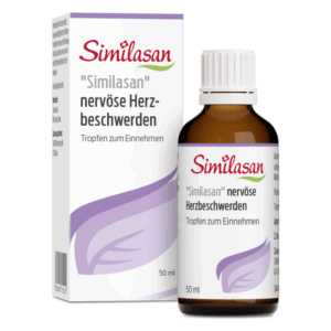 Flasche mit 'Similasan' Tropfen für nervöse Herzbeschwerden, beigelegt in einer Verpackung mit lila Akzenten.