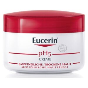 Eucerin pH5 Creme für empfindliche, trockene Haut in einem weißen Tiegel mit rotem Deckel.