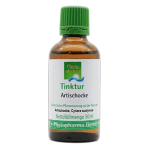 Braune Glasflasche mit grünem Deckel, enthält Artischockentinktur, 50 ml, von Phytopharma.