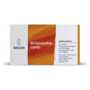 Packung von Weleda Birkenkohle comp. mit Hartkapseln zur Unterstützung bei Verdauungsstörungen.