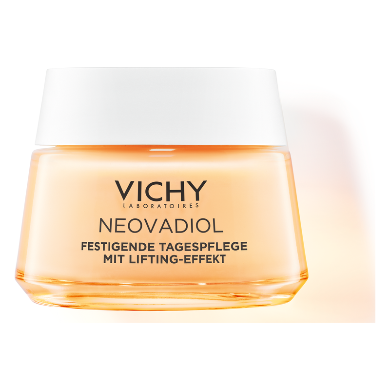 Glas-Tiegel mit festigender Tagespflege von Vichy, orangefarbener Inhalt und weißem Deckel, beschriftet mit "NEOVADIOL".