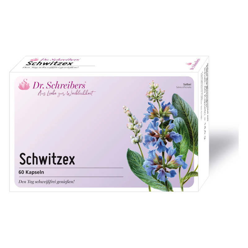 Verpackung des Produkts Schwitzex mit lila Hintergrund und Abbildungen von Salbeipflanzen.