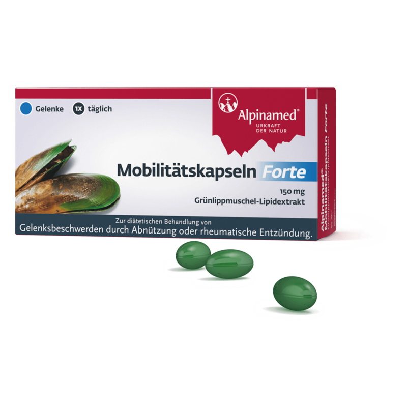 Verpackung der Mobilitätkapseln Forte mit grünen Kapseln und Abbildung der grünen Muschel, zur Gelenkbehandlung.