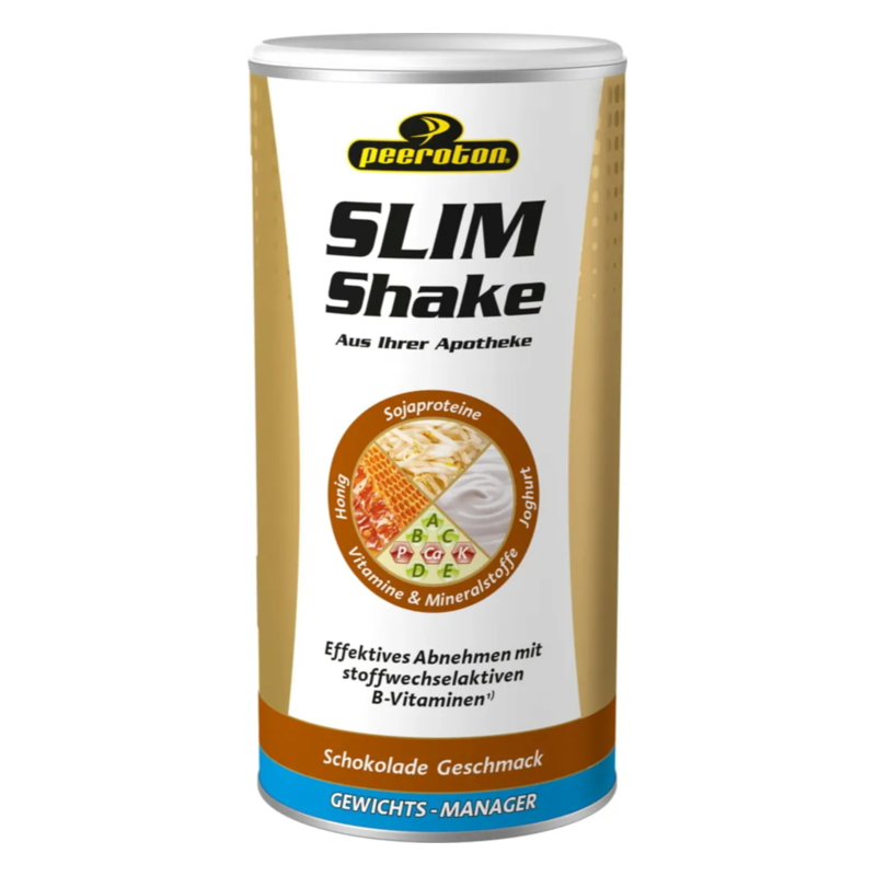 Dose mit Slim Shake in Schokoladengeschmack, enthält Sojoproteine, Vitamine und Mineralstoffe, verpackt in einem runden Behälter.