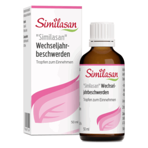 Braune Flasche mit Tropfen zum Einnehmen, verpackt in einer weißen Schachtel mit pinken Akzenten und dem Schriftzug "Similasan Wechseljahresbeschwerden"