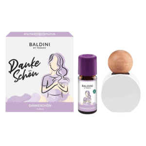 Die Verpackung eines Duftsets mit dem Namen "Danke Schön" und einer Flasche mit einem Holzverschluss.