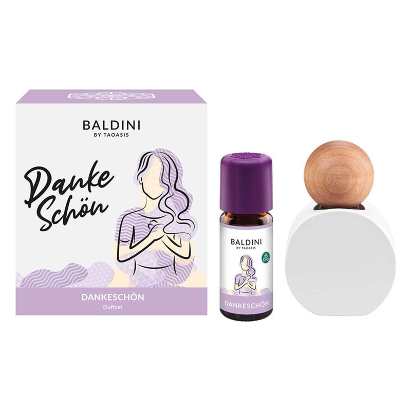 Die Verpackung eines Duftsets mit dem Namen "Danke Schön" und einer Flasche mit einem Holzverschluss.