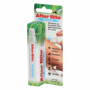 After Bite Original, ein Insektenstichmittel in einem weißen Applikator mit beruhigenden Eigenschaften, verpackt in einem grünen Karton.