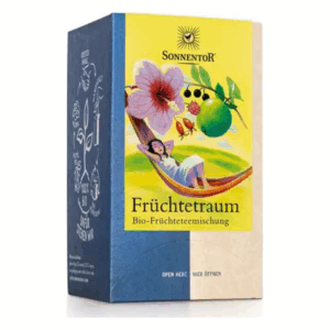 Verpackung der Bio-Früchteteemischung "Früchtetraum" mit farbenfrohem Design und einer schlafenden Frau in einer Hängematte.
