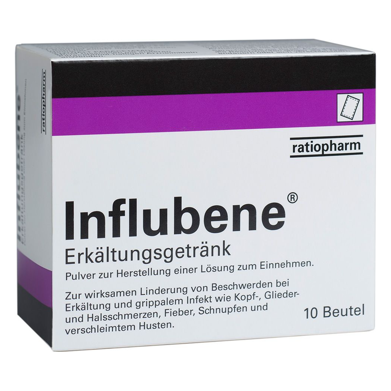 Packung mit Influbene Erkältungsgetränk, Pulver zur Herstellung einer Lösung zur Linderung von Erkältungssymptomen.
