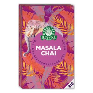 Verpackung für Bio-Masala Chai, mit buntem Elefantenmotiv und Pflanzenmustern in violett und orange.