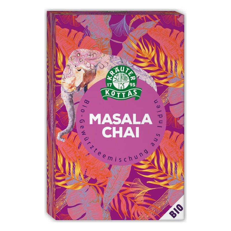 Verpackung für Bio-Masala Chai, mit buntem Elefantenmotiv und Pflanzenmustern in violett und orange.