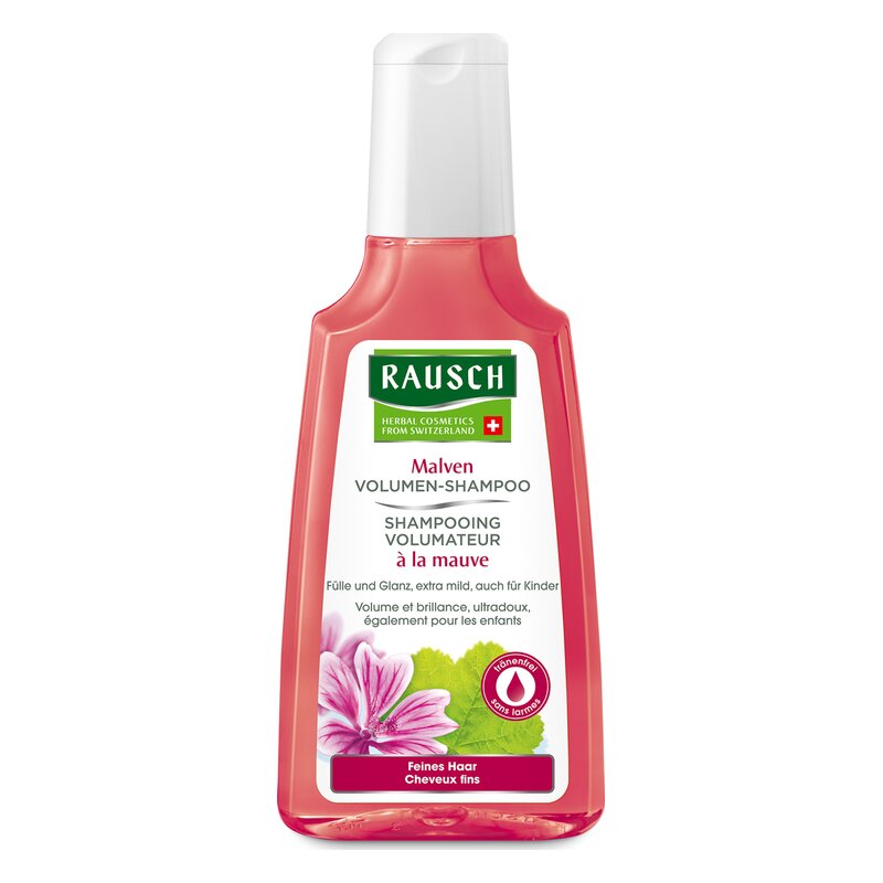 Flasche mit Rausch Malven Volumen-Shampoo, rosa Verpackung mit Aufschrift zu Volumen und Glanz für feines Haar.