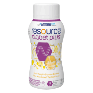 Verpackung eines flüssigen Nahrungsergänzungsmittels mit Vanillegeschmack, bereit für diabetesgerechte Ernährung.