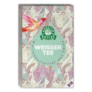 Verpackung von Kräuter Kottas weißem Bio-Tee mit einem bunten Vogel und Blättern auf dem Design.