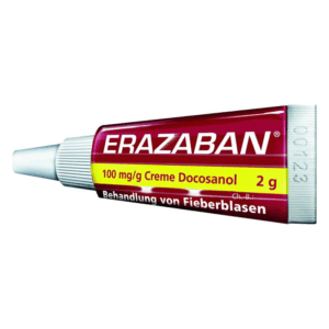 Tubenverpackung von Erazaban, einer Creme zur Behandlung von Fieberblasen, mit sichtbarem Inhaltsverzeichnis.