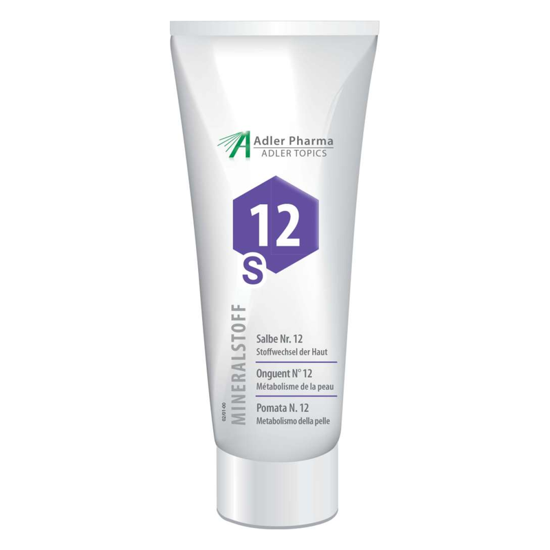 Tube mit Salbe Nr. 12 für den Stoffwechsel der Haut, beschriftet mit verschiedenen Sprachen.