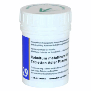 Weißer Behälter mit Schraubverschluss, etikettschwarz-blauer Schrift, enthält homöopathische Tabletten mit Cobaltum metallicum D12.