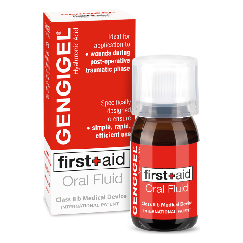 Braunes Fläschchen mit Pumpe, umgeben von einer rot-weißen Verpackung, die Hyaluronsäure für Wundbehandlungen bewirbt.