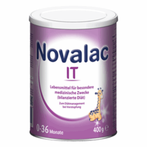 Packung mit Nahrung für besondere medizinische Zwecke, geeignet für Säuglinge bis 36 Monate, mit lila Design und Giraffensymbol.