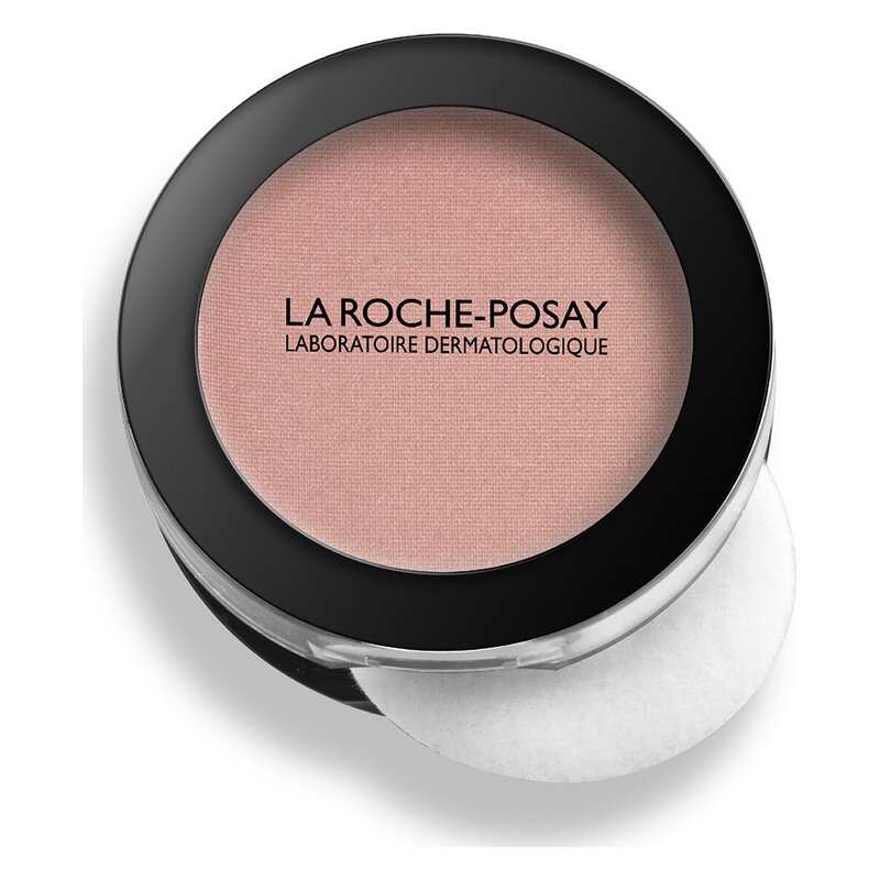 Runder Puderbehälter von La Roche-Posay mit zartem, rosafarbenem Puder und integriertem Puff.