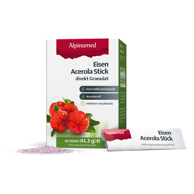 Verpackung von Eisen Acerola Stick Granulat mit Himbergeschmack, zeigt Acai-Früchte und einen Stick.