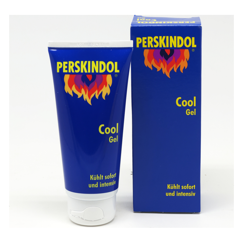 Blaues Tube mit PERSKINDOL Cool Gel und einer Verpackung, die die kühlende Wirkung bewirbt.