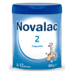 Behälter mit Novalac Folgemilch 2 für 6-12 Monate, blauer Deckel, Giraffen-Motiv, 800 g.