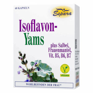 Packung mit Isoflavon-Yams-Kapseln, ergänzt mit Salbei, Frauenmantel und Vitaminen, vegan, 60 Kapseln.