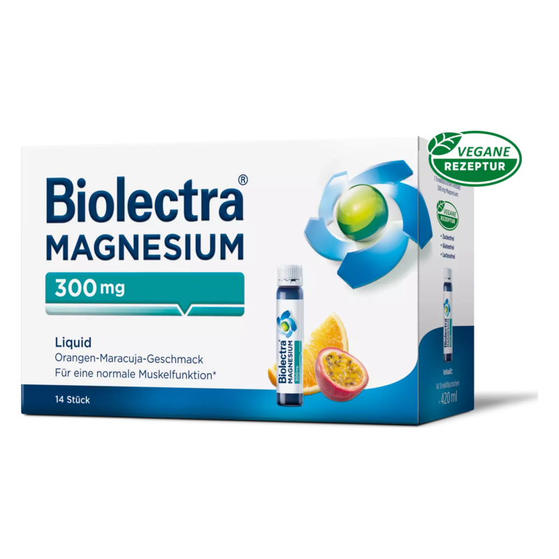Verpackung von Bioelectra Magnesium, flüssig mit Orangen-Maracuja-Geschmack, 300 mg, vegane Rezeptur.